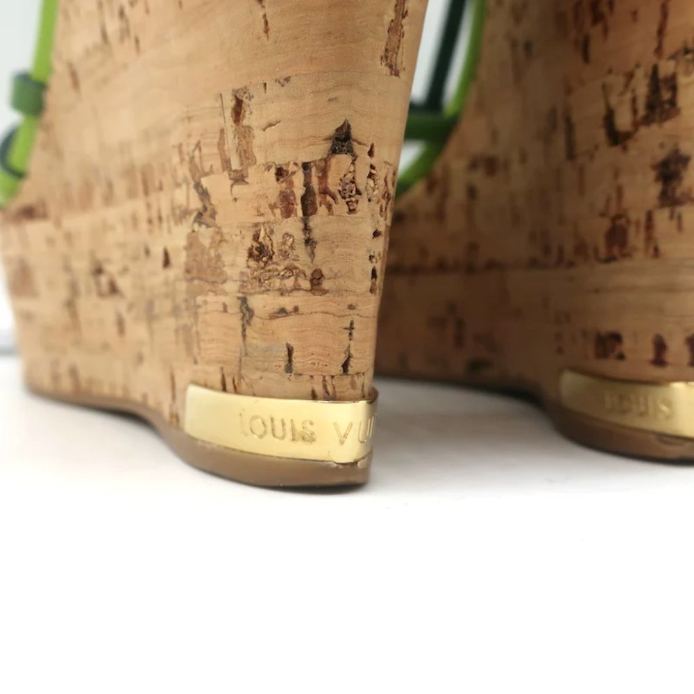 Louis Vuitton Summertime Cork Wedge Sandals Green Patent Leather Size 37.5 - Picture 8 of 12